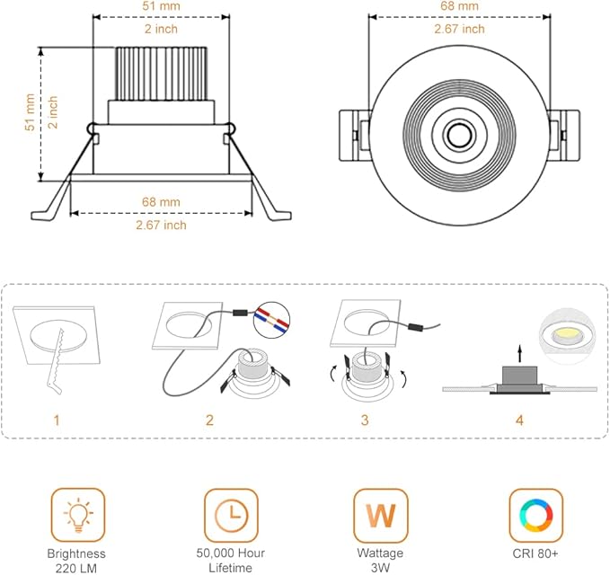 2Inch LED Recessed Ceiling Light, 3W Dimmable LED Downlight, 60 Beam Angle COB Recessed Lights with Driver, Warm White 3000K, 25W Halogen Bulbs Equivalent for Ceiling Lighting,White 6 Pack