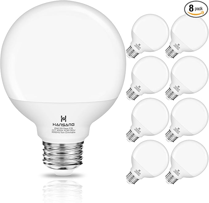 8 Pack G25 LED Globe Light Bulbs 4000K Natural Daylight, E26 Base Bathroom Light Bulb, 60W Incandescent Equivalent, Vanity Mirror Round Light Bulbs, 500LM, Non-Dimmable