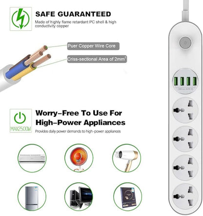 Universal Power Strip with USB Ports, FANLIDE Extension Cord with Multiple outlets, 4 Outlets 4 Smart USB, 6.5ft Power Cord, 2500W Circuit Breaker, Child Safe Door, fit for Cruise Ship, Dorm Room