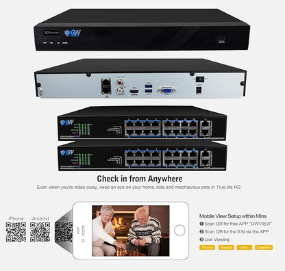 GW 4K Outdoor/Indoor Face Recognition/Human/Vehicle Detection Security Camera System, 32 Channel 12MP PoE NVR, 32 x 4K 8MP UltraHD Smart AI IP Microphone Bullet Camera, 24-7 Video & Audio Recording