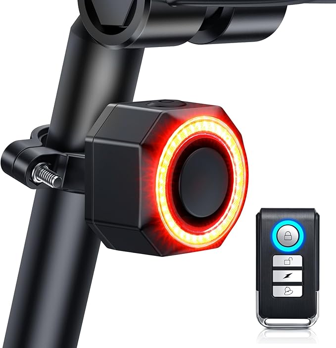Bike Alarm with Remote, Bike Tail Light & Brake Light Auto ON/Off USB-C Rechargeable, 110dB Bicycle Alarm System Anti Theft Vibration Motion Sensor for Bike, Ebike, Scooter, IP65 Waterproof