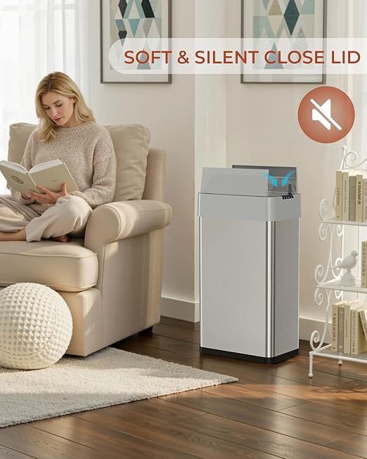 TLSUNNY 18.5 Gallon Automatic Trash Can, Stainless Steel Motion Sensor Garbage bin, Smart Trash Can W/Butterfly Lid, Bag Retainer Ring and Display Light for Living Room,Kitchen,Office (Silver, 70L)