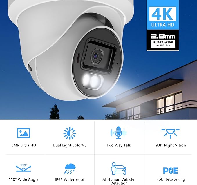 8MP 4K PoE IP Security Dome Camera Outdoor, Full Color Turret IP Camera with Smart Dual Light, Two Way Talk, SD Card Slot, 98ft Night Vision, 110°Wide Angle, Human/Vehicle Detection