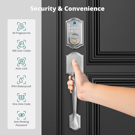 AkaGear DS10 Pro Keyless Entry Door Lock Deadbolt with Handle Set, Smart Front Door Locks Set, Electronic Keypad, Fingerprint Door Lock, Bluetooth, Auto-Lock, APP Control, Code Unlock, Satin Nickel