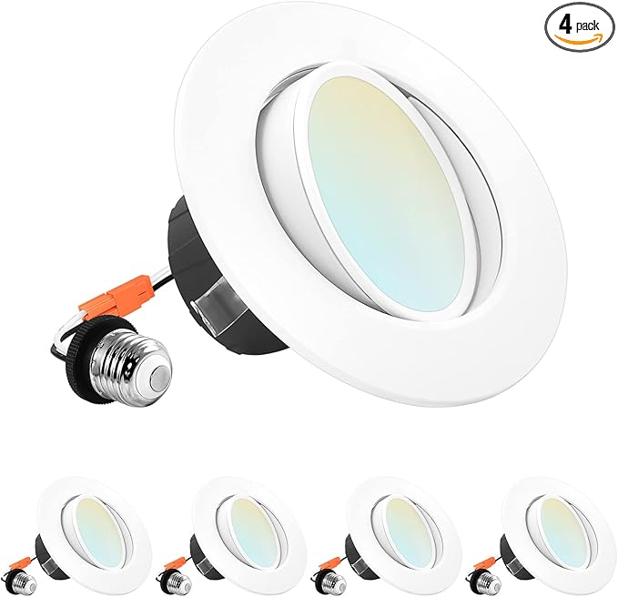 LUXRITE 4 Inch Gimbal LED Recessed Lighting Can Lights, 8W=60W, 5 Color Selectable 2700K-5000K, CRI 90, Dimmable Adjustable LED Downlight, 700 Lumens, Wet Rated, Energy Star, ETL Listed (4 Pack)