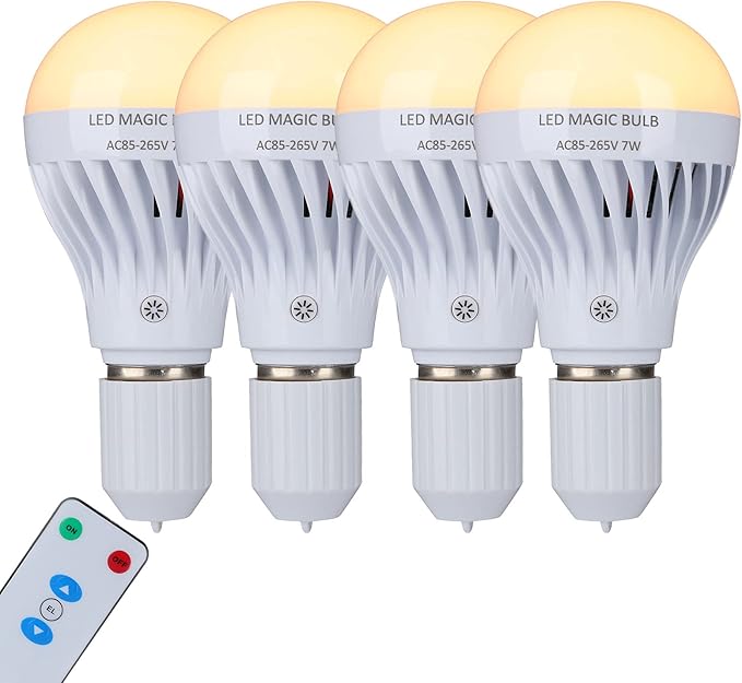 BSOD AC 85-265V 7W LED Magic Bulb with Remote Controller Warm White Emergency Light with Rechargeable Built-in Battery E27 Lamp for Home Indoor Lighting (Warm White 4 Pack)