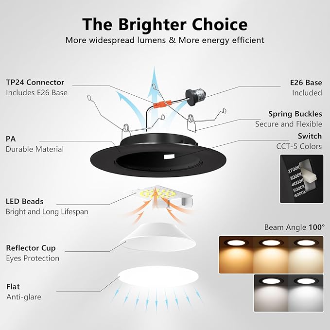 LVWIT Black LED Recessed Light 6 Inch, Can Lights Color Selectable 2700/3000/4000/5000/6000K 5CCT, 9W=120W,1000LM, Dimmable Downlight with E26 Conversion Kit, 6 Pack,IC Rated