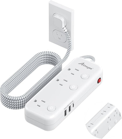 Individual Switch Power Strip Surge Protector with 6 Outlets 3 USB(17W USB C), 5Ft Braided Cord Ultra Thin Flat Plug, 13A Wall Mount Extension Cord with Circuit Breaker for Travel Home Office Dorm