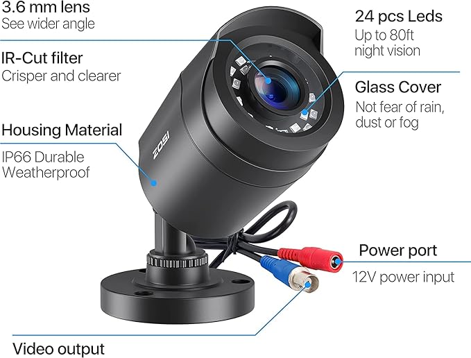 ZOSI 4 Pack 2MP 1080p HD-TVI Home Security Camera Outdoor Indoor 1920TVL, 24PCS LEDs, 80ft Night Vision, 90°View Angle, Weatherproof Outside Surveillance CCTV Bullet Camera(Black)