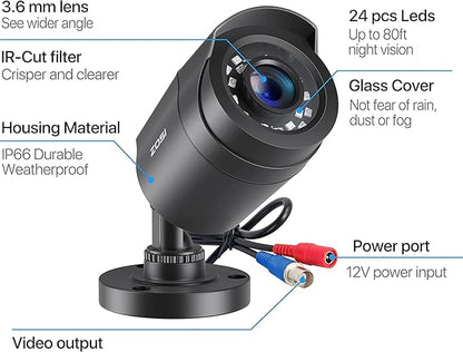 ZOSI 4 Pack 2MP 1080p HD-TVI Home Security Camera Outdoor Indoor 1920TVL, 24PCS LEDs, 80ft Night Vision, 90°View Angle, Weatherproof Outside Surveillance CCTV Bullet Camera(Black)