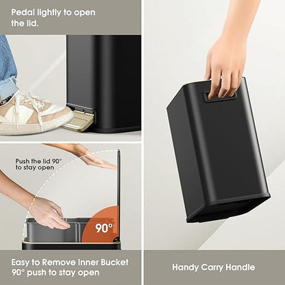 Small Bathroom Trash Can with Lid Soft Close, 5L / 1.3 Gallon Slim Garbage Can with Removable Inner Bucket, Step Stainless Steel Trash Bin for Office, Bathrooms, Bedroom, Living Room (Black)