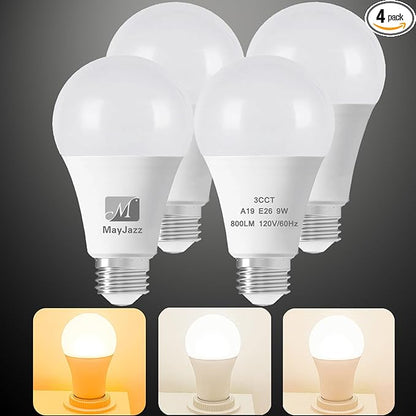 M 3 Color Temperature LED Light Bulb A19 2700K-5000K-4000K,3CCT Color Changing Light Bulbs,Energy Saving 9W(60W Equivalent) LED Bulb,810LM,e 26 Base for Bedroom,Living Room,4 Pack