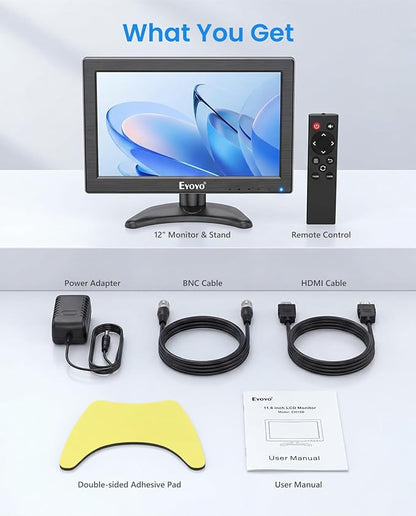 Eyoyo 12" Inch TFT LCD Monitor with AV HDMI BNC VGA Input 1366x768 Portable Mini HD Color Screen Display with Built-in Speaker