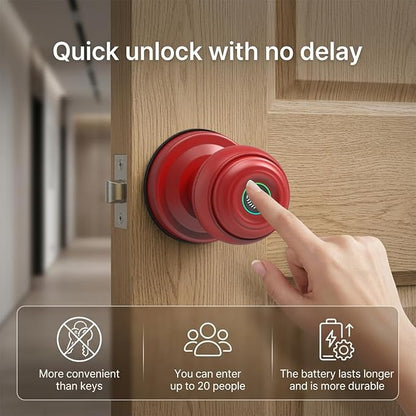 Smart Fingerprint Door Lock Knob, Tuya App Keyless Entry, Red