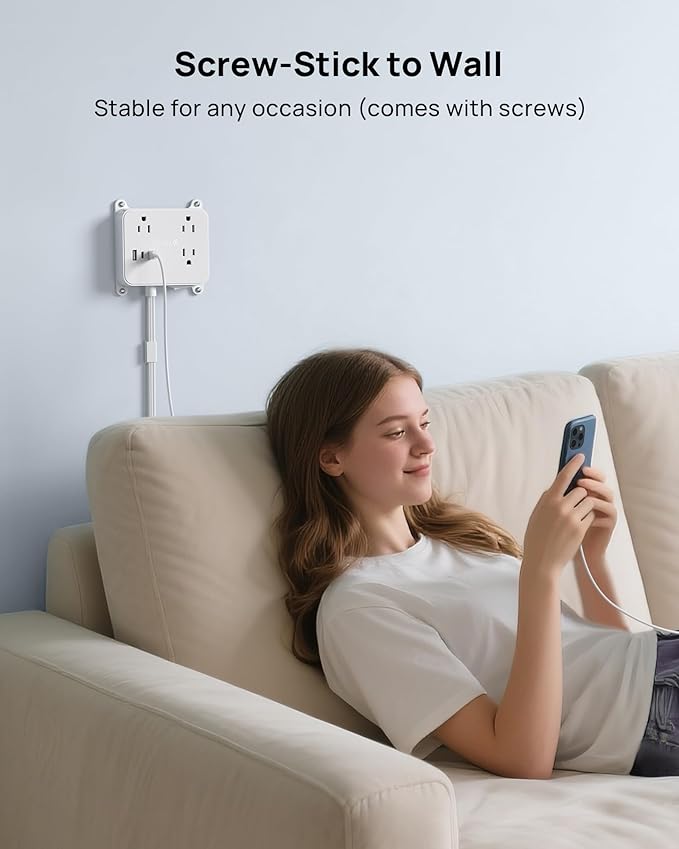 TROND Flat Power Strip with 360° Rotating Plug, 5FT Extension Cord with 3 Widely Space Outlets and 3 USB Ports(2 USB C), Wall Outlet to Hide in Drawer, Attach Under Desk Cabinet Vanity Counter