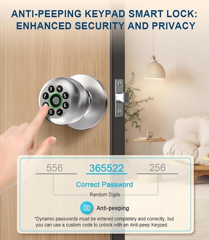 Door Knob with Lock,Keyless Entry Fingerprint Door Lock,Polished Silver | Smart Lock with Auto-Lock , App, Key, Fingerprint Door Locks with Keypad for Front Door, Apartment, Hotel, Interior, Exterior