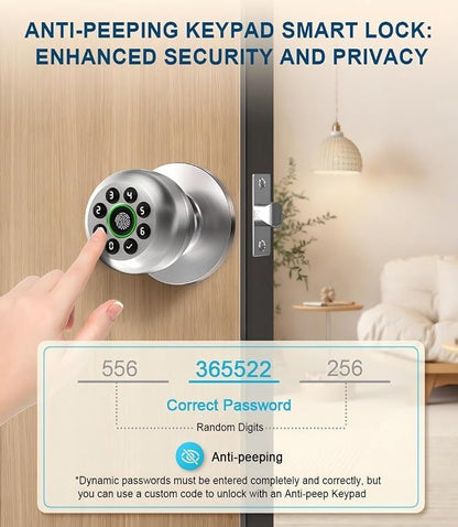 Door Knob with Lock,Keyless Entry Fingerprint Door Lock,Polished Silver | Smart Lock with Auto-Lock , App, Key, Fingerprint Door Locks with Keypad for Front Door, Apartment, Hotel, Interior, Exterior