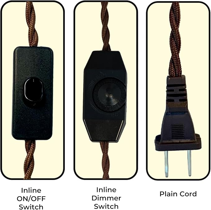 Royal Designs, Inc. 8Ft Twisted Rayon Lamp Cord with NEMA-15P Plug, Rotary Dimmer Switch, Stripped Ends Ready for Wiring, SPT-1 UL Listed, Brown - Pack of 2