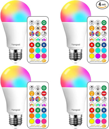 Yangcsl LED Light Bulbs 85W Equivalent 1200lm, RGB Color Changing Light Bulb, 6 Moods - Memory - Sync - Dimmable, A19 E26 Screw Base, Timing Remote Control Included (Pack of 4)