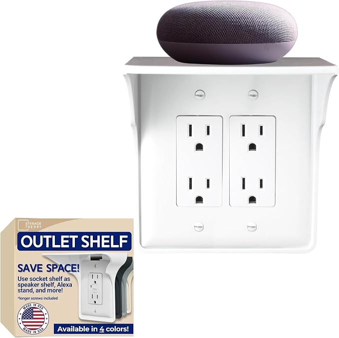 Power Perch Double Outlet Shelf, Renter Friendly Shelves, 1-Pack White | No Drill Alexa Stand Holder Outlet Mount for Bathroom, HomePod Stand, Cord Storage Strap, WiFi Router Wall Shelf, USA Made