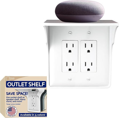 Power Perch Double Outlet Shelf, Renter Friendly Shelves, 1-Pack White | No Drill Alexa Stand Holder Outlet Mount for Bathroom, HomePod Stand, Cord Storage Strap, WiFi Router Wall Shelf, USA Made