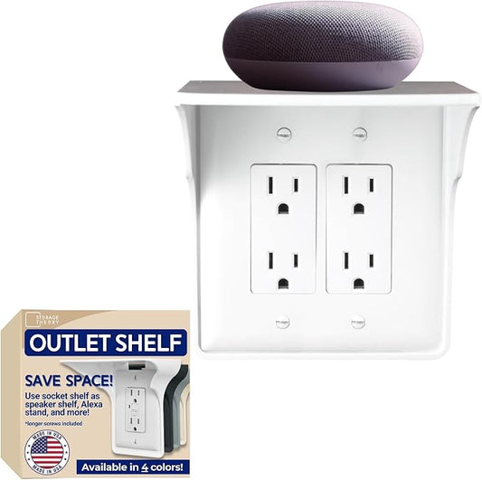 Power Perch Double Outlet Shelf, Renter Friendly Shelves, 1-Pack White | No Drill Alexa Stand Holder Outlet Mount for Bathroom, HomePod Stand, Cord Storage Strap, WiFi Router Wall Shelf, USA Made