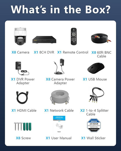(2026 New) 4K PTZ Wired Outdoor Security Camera System, 8CH DVR with 1TB HDD, 8 Cameras, Remote Control, No Monthly Fee App, 122° Wide Angle, AI Human Detection, Audio Mic, IR Night Vision, Indoor
