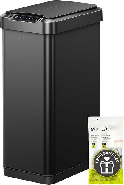 EKO Phantom-T 13.2 Gallon/ 50L Automatic Sensor Kitchen Trash Can, Slim Stainless Steel Touchless Garbage Bin with Soft-Close Dual Wing Lid for Home & Office, Matte Black