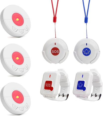 Caregiver Pager Alert Button for Seniors at Home Medical Alert That Calls Family for Home / Elderly / Patient / Disabled 3 Plugin Receiver + 4 Emergency Button for Elderly