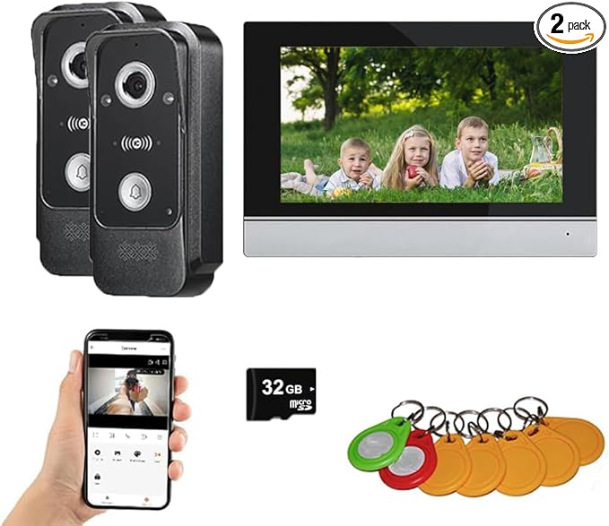 Wired Video Intercom System Tuya WiFi 7 Inch Touch Screen 1080P Doorbell Intelligent Tuya APP Intercom Kit with 3 in 1 Unlock Motion Detection,Anti-Tamper Alarm,32G (2 Bell+1 Monitor)