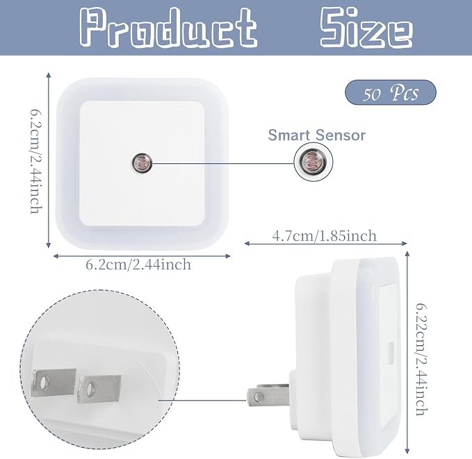 50 Pcs LED Night Lights White Smart Sensor Nightlights Accessories Wall Mounted Automatic Sensor Night Lamp for Hallway Stairs Kitchen Bedroom Toilet Bathroom