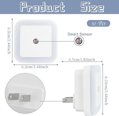 50 Pcs LED Night Lights White Smart Sensor Nightlights Accessories Wall Mounted Automatic Sensor Night Lamp for Hallway Stairs Kitchen Bedroom Toilet Bathroom