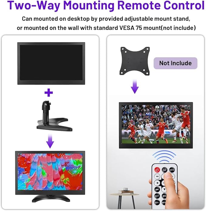 Hikity 11.6 Inch Small HDMI Monitor 1920x1080P Portable CCTV Monitors with BNC, AVI, VGA, HDMI Input Cable, Remote Control, Built-in Speakers, for PC, CCTV, Security Camera, Raspberry Pi, X-Box