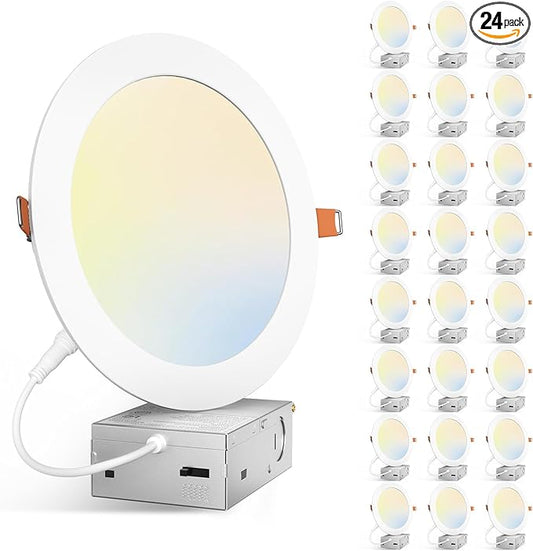 Amico 24 Pack 7 Inch 5CCT Ultra-Thin LED Canless Recessed Ceiling Light with Junction Box, 2700K/3000K/3500K/4000K/5000K Selectable, 15W=100W, 1300LM High Brightness, Dimmable Wafer Downlight, ETL&FCC
