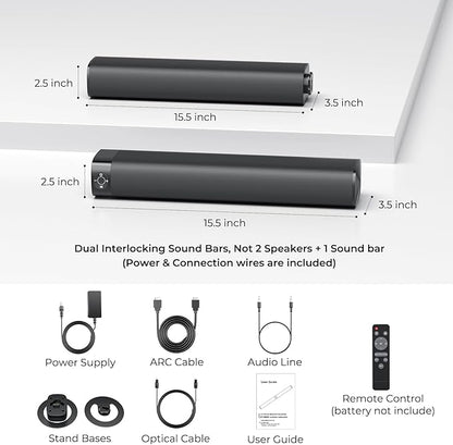 Sound Bar for Smart TV, 80W Soundbar with Bluetooth/ARC/Opt/AUX Connect, Auto Volume Boost, 3 Equalizer Modes, 2 in 1 Detachable Soundbar for TV/PC/Gaming/Projectors