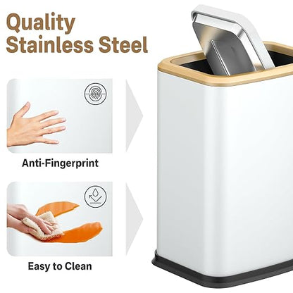 2.1 Gal Slim Bathroom Trash Can with Swing Lid, Rustproof Stainless Steel Small Garbage Can for Narrow Spaces & Toilet Side, Dog Proof Odor Control Waste Basket for Bedroom/Office, White