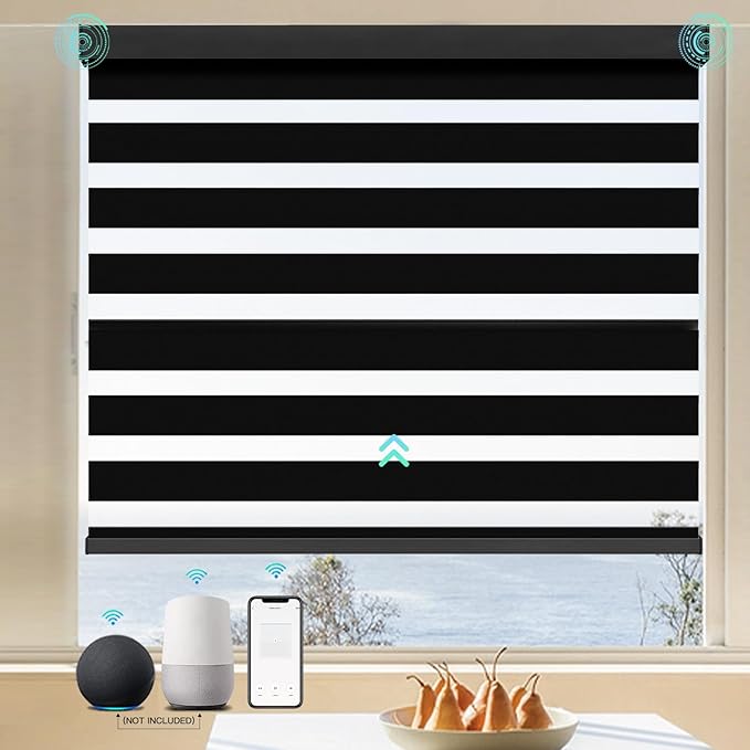 MING CHEN Motorized Blinds with Remote,Built-in Rechargeable Smart Blinds, Custom Size Electric Zebra Shades Compatible with Alexa Google (95% Shading Luxurious Black)