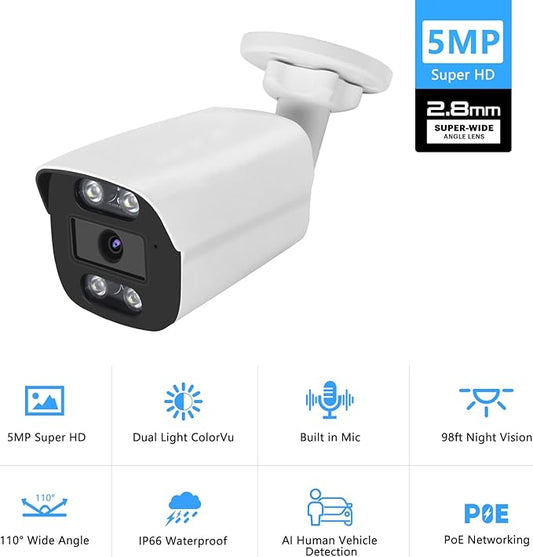 5MP PoE IP Color Night Vision Camera, Smart Dual Light Bullet Security IP Camera, Built-in Mic, 98ft Night Vision, 110°Wide Angle, Human Vehicle Detection