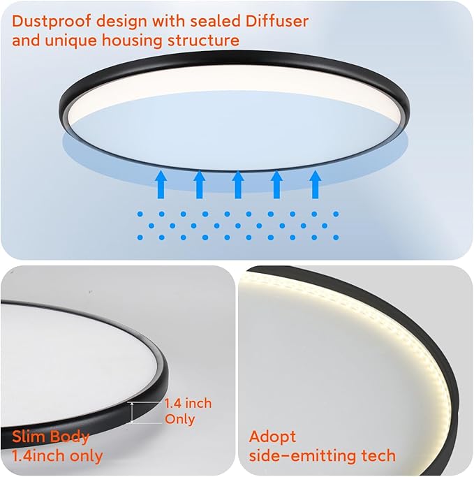 TALOYA Flush Mount Ceiling Light with Remote,3000K-6500K Adjustable,2000K Nightlight,18 Inch, Led Low Profile Ceiling Lights for Bedroom, Living Room, Kitchen, Black