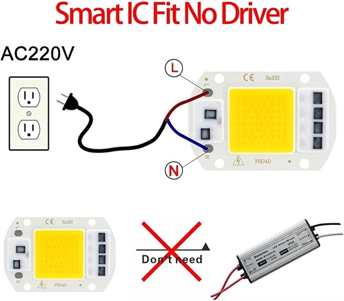 6PCS LED Chip AC 220V F6040 20W/30W/50W COB Lamp Bead Smart IC No Need Driver Outdoor Focus Spotlight Garden DIY Chip Lamp(6PCS 50W White)