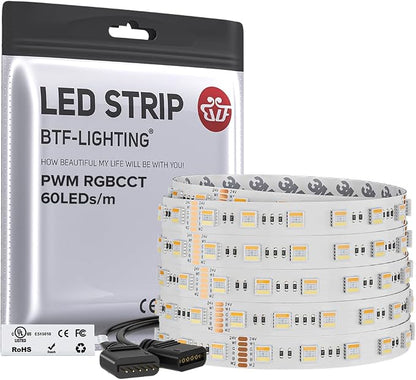 BTF-LIGHTING RGBCCT LED Strip UL Listed 16.4ft 60LED/m 300LED DC24V IP30 | White LED Tape 12mm wide 5 Colors in 1 RGB+Dimmable Tunable Color Temperature 2700K-6500K for Decor(No Adapter or Controller)