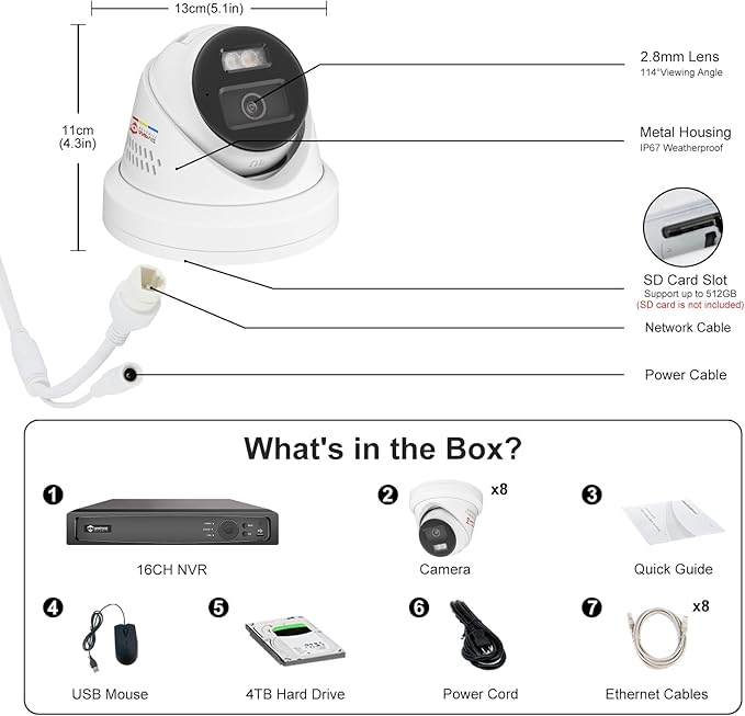 《Strobe Sound Light Alarm & 2-Way Audio》Anpviz 16CH 4K PoE Security Camera System, 8X 8MP Wired IP Turret Cameras Outdoor Metal, 12MP NVR with 4TB HDD, True Plug & Play for Business Home(H Series)