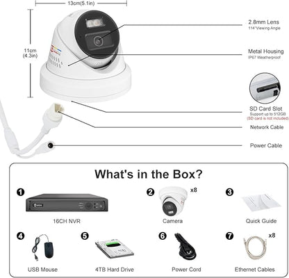 《Strobe Sound Light Alarm & 2-Way Audio》Anpviz 16CH 4K PoE Security Camera System, 8X 8MP Wired IP Turret Cameras Outdoor Metal, 12MP NVR with 4TB HDD, True Plug & Play for Business Home(H Series)