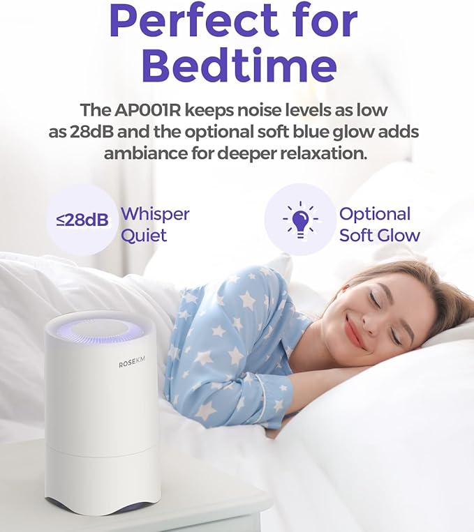 Rosekm Small Air Purifier with 1-Year Pack Replacement Filter, Personal Desk Mini HEPA Air Purifier, Room Air Freshener Cleaner for Pets, Smoke, Desktop, Office (White)
