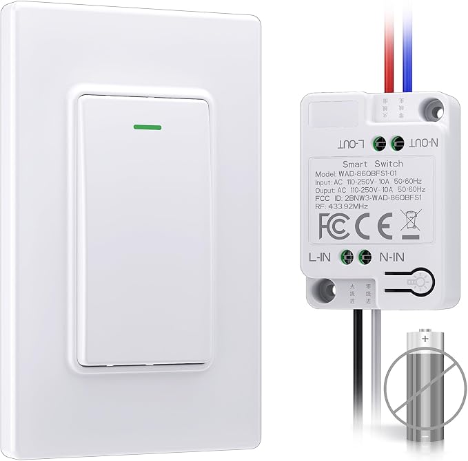 Wireless Remote Light Switch Kit, 1 Switch + 1 Receiver, Battery-Free Wireless Wall Switch, No New in-Wall Wiring, No Wi-Fi, for Bedroom, Garage, Storage Room