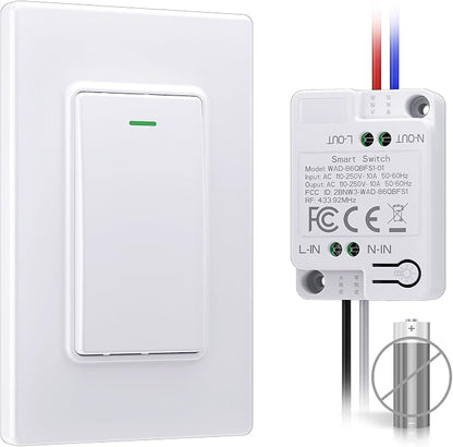 Wireless Remote Light Switch Kit, 1 Switch + 1 Receiver, Battery-Free Wireless Wall Switch, No New in-Wall Wiring, No Wi-Fi, for Bedroom, Garage, Storage Room