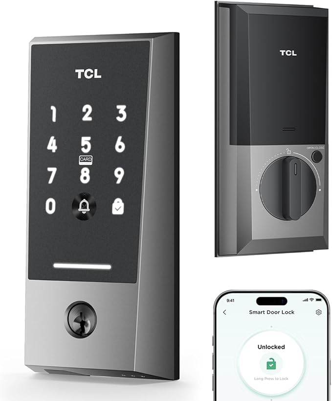 TCL Wi-Fi Smart Lock D2, Keyless Entry WiFi Door Lock with Key Fob, Built-in Doorbell, Touchscreen Keypad, App Remote Control, Easy Installation, No Bridge Required, Auto Lock (Dark Grey)