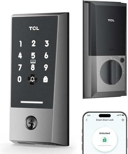 TCL Wi-Fi Smart Lock D2, Keyless Entry WiFi Door Lock with Key Fob, Built-in Doorbell, Touchscreen Keypad, App Remote Control, Easy Installation, No Bridge Required, Auto Lock (Dark Grey)