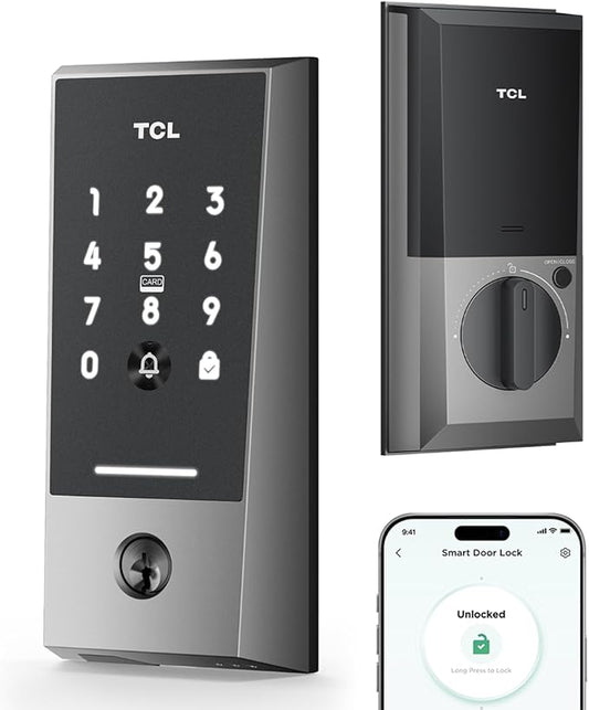 TCL Wi-Fi Smart Lock D2, Keyless Entry WiFi Door Lock with Key Fob, Built-in Doorbell, Touchscreen Keypad, App Remote Control, Easy Installation, No Bridge Required, Auto Lock (Dark Grey)