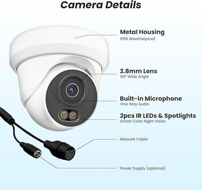 UNILOOK 4K PoE Security Camera, 8MP Turret IP Camera Outdoor Indoor Wired, 100ft Smart Color Night Vision, Human/Vehicle Detection, IP66 Built-in Audio, @20fps, Wide Angle, Metal Housing, NDAA